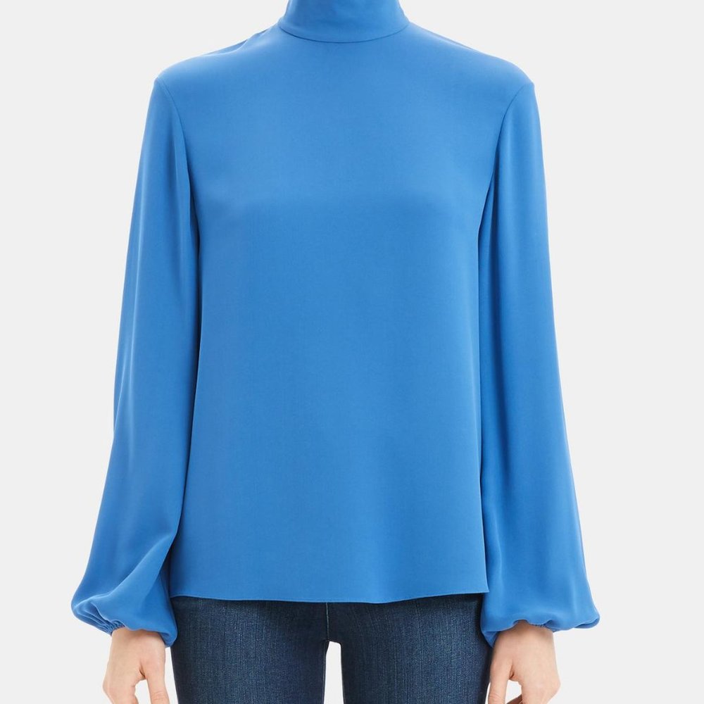 Theory Blue Mock Neck Silk Top-Size Large